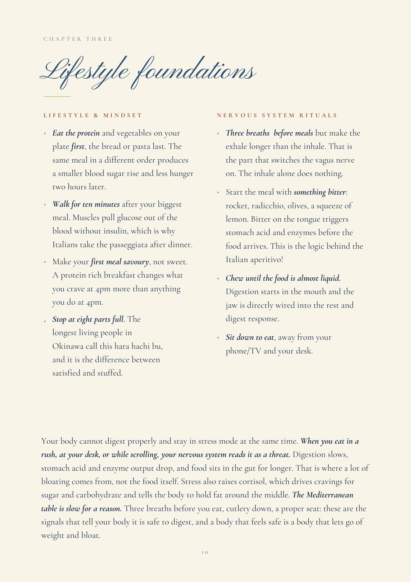 Lifestyle foundations page from The Mediterranean Blueprint, covering meal order and nervous system rituals
