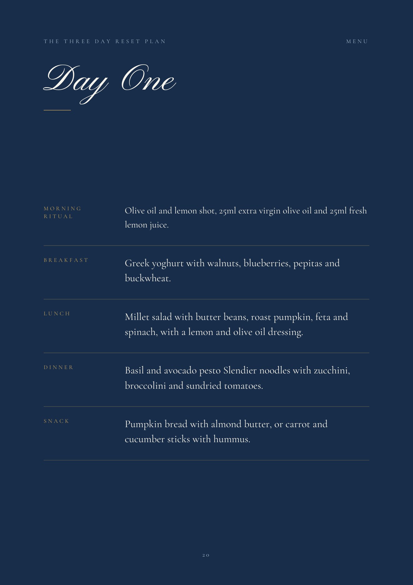 Day one of the three day meal plan from The Mediterranean Blueprint