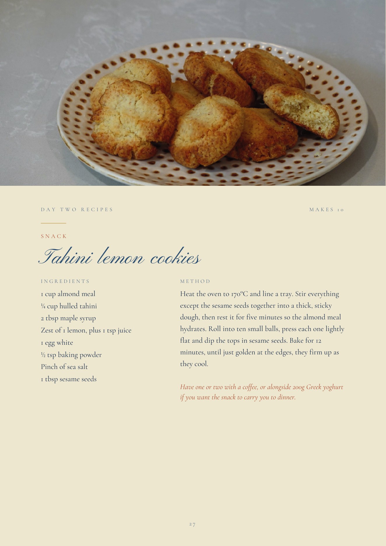 Tahini lemon cookies recipe page from The Mediterranean Blueprint, with photo, ingredients and method