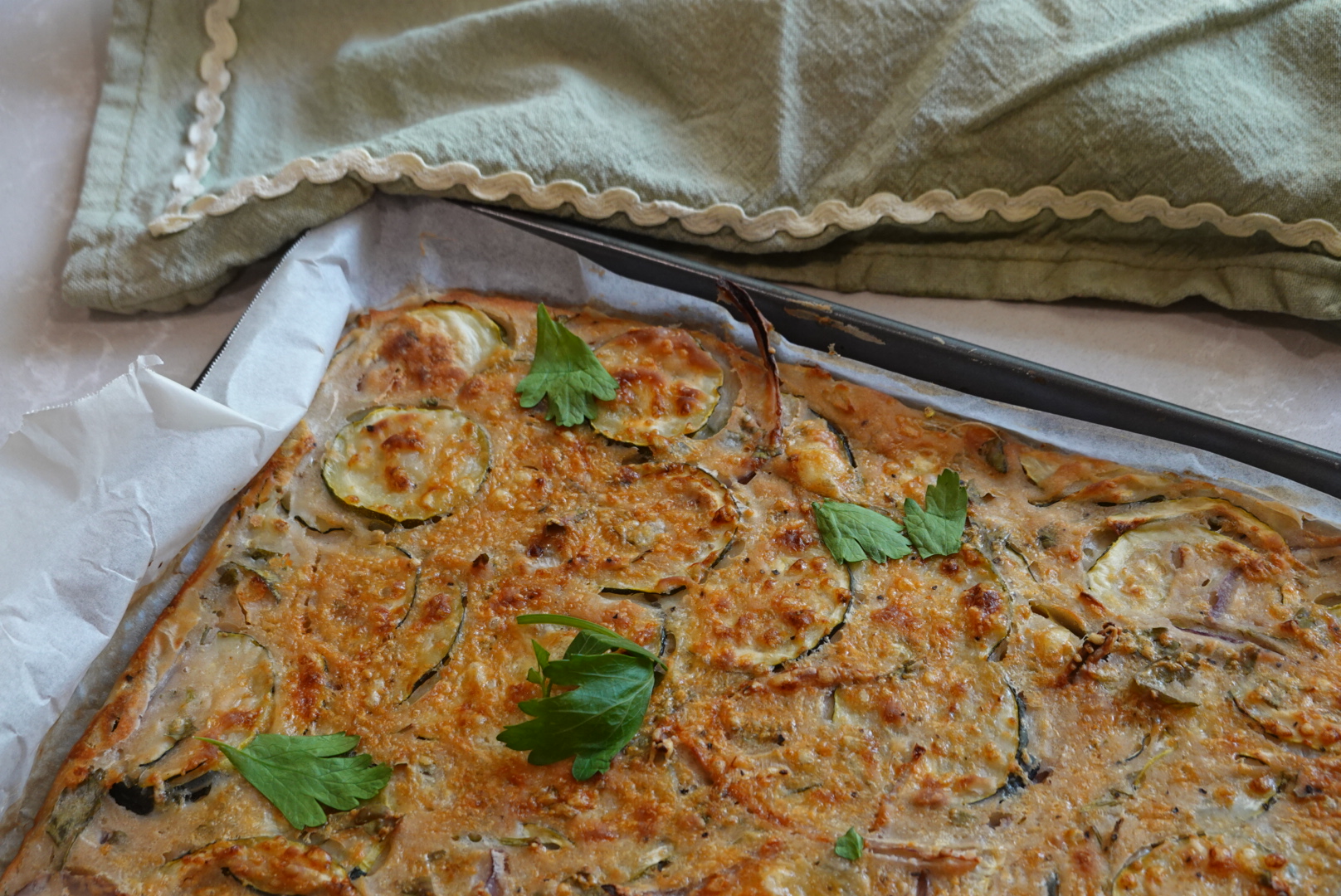 Zucchini and parsley tart fresh from the oven
