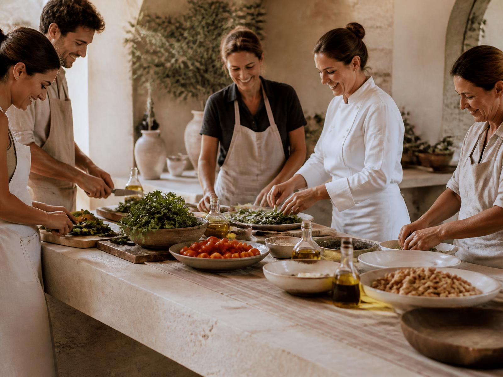 Hands preparing Mediterranean vegetables, legumes and herbs at a long limestone bench