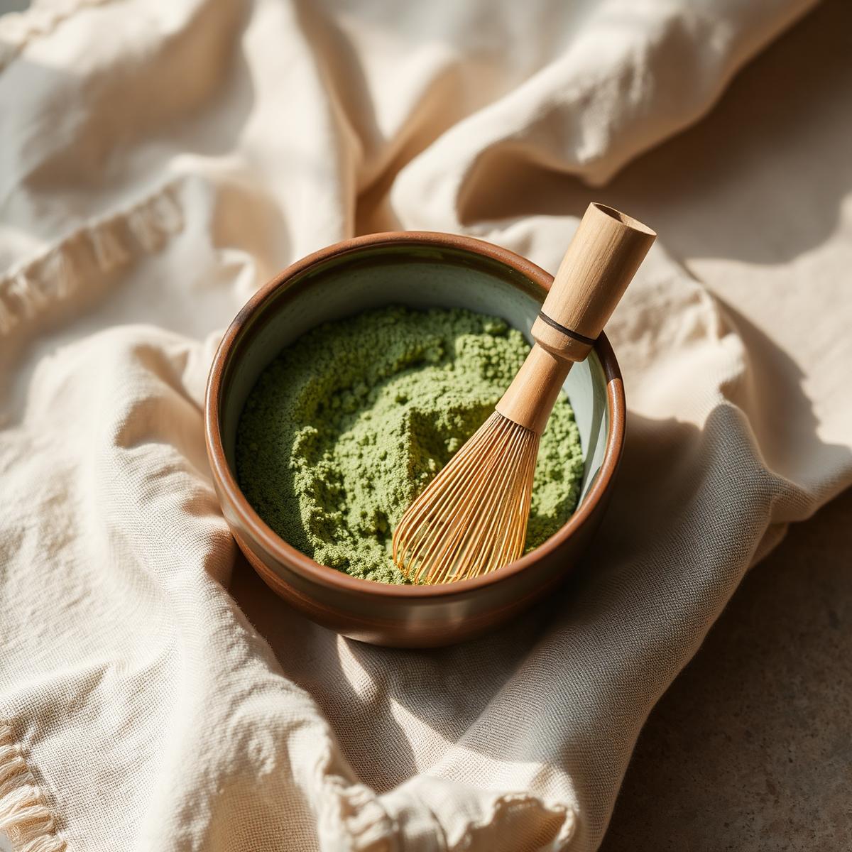 Ceremonial grade matcha in a ceramic bowl with a bamboo whisk