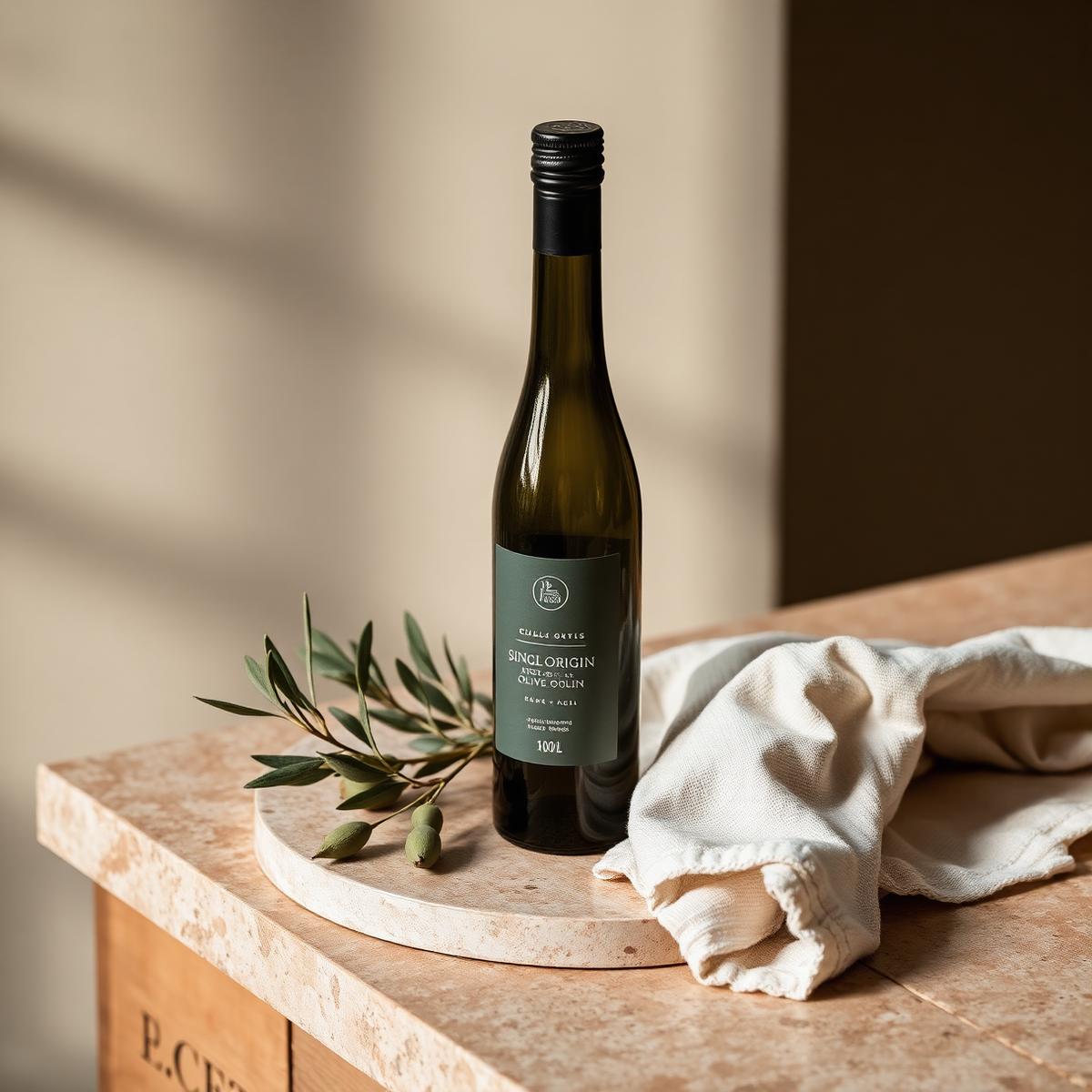 Single origin extra virgin olive oil bottle on a limestone bench